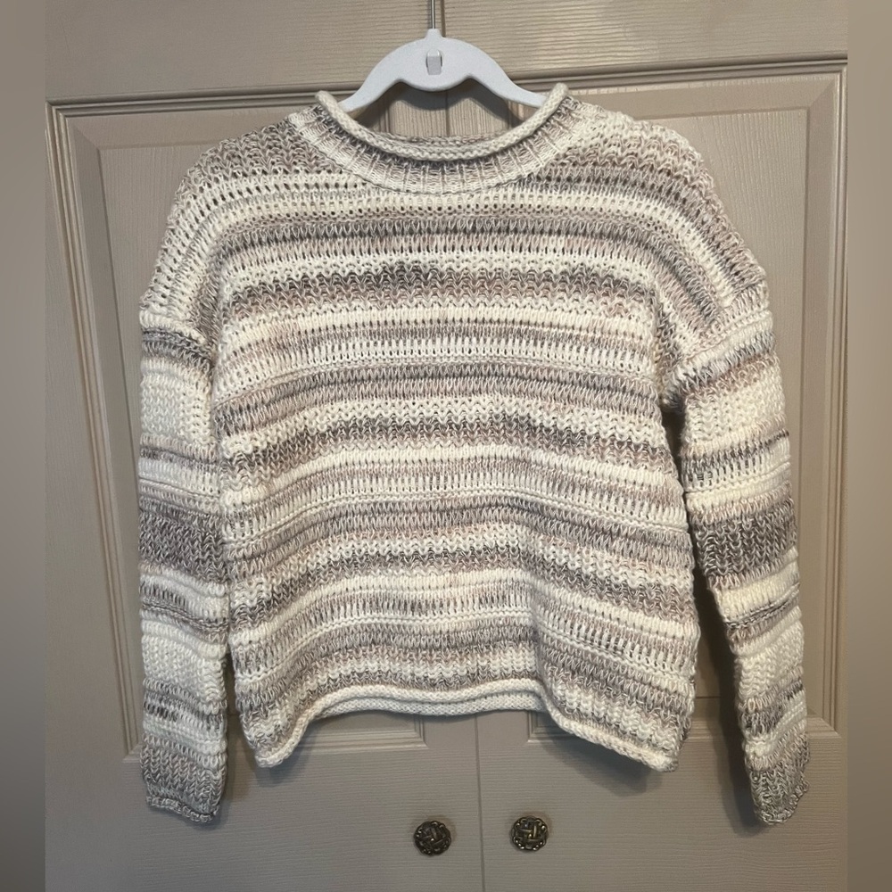 Time and Tru Women's Striped Sweater - Cream and Gray